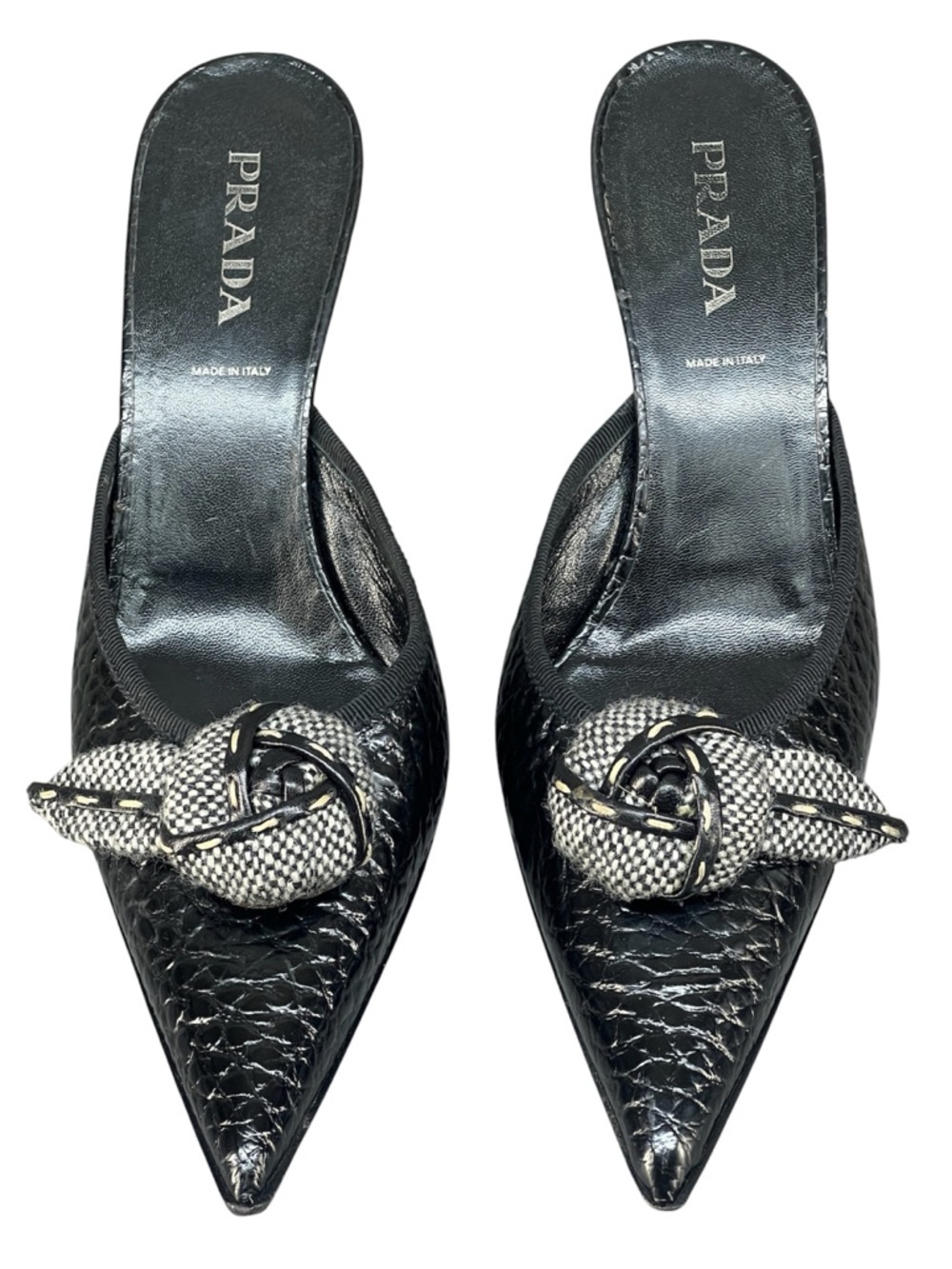 Prada Black Pointed-Toe Leather Mules with Knotted Textile Accent